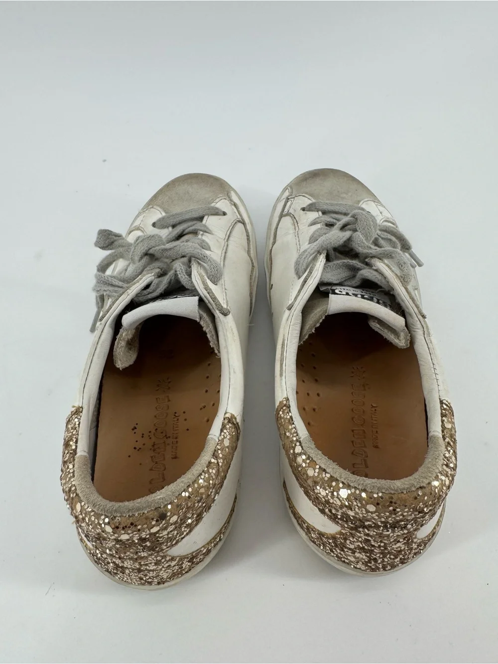 Kids Golden Goose White & Silver Superstar Sneaker with Gold Glitter Heel
